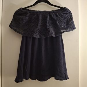 Ocean Drive Clothing Co. Navy Blue Crochet Off The Shoulder Women's Top
